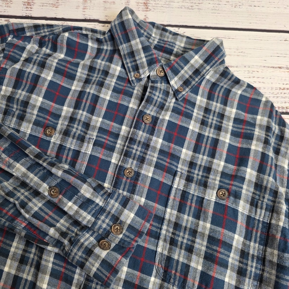 Duluth Trading Mens Large Tall Blue‎ Plaid Flannel Free Swingin Relaxed Button